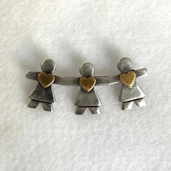 VTG Sterling Silver 925 1.69" Signed Naldo 3 Sisters Paper Dolls Heart Brooch - Picture 2 of 14